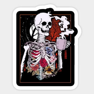 Halloween Coffee Drinking Skeleton Skull Sticker